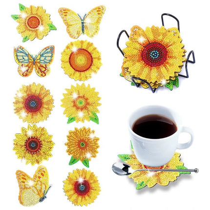 10 x Sonnenblumen und Schmetterlinge Untersetzer - Diamond Painting