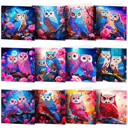 12 x Grusskarten mit Eulen - Diamond Painting