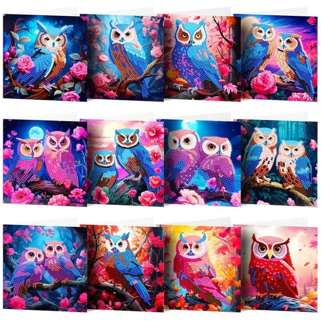 12 x Grusskarten mit Eulen - Diamond Painting