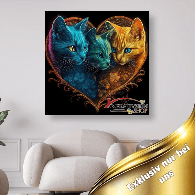 3 bunten Katzen im Herz - 5D DIY Diamond Painting