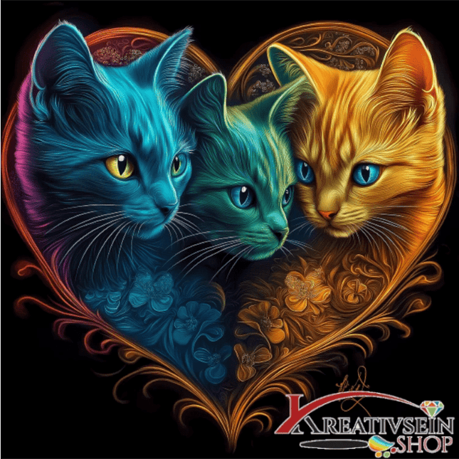 3 bunten Katzen im Herz - Malen nach Zahlen