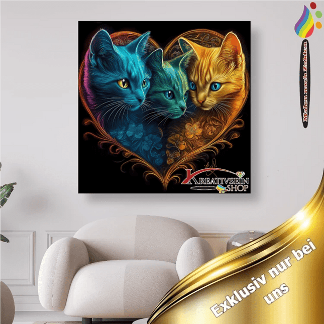 3 bunten Katzen im Herz - Malen nach Zahlen