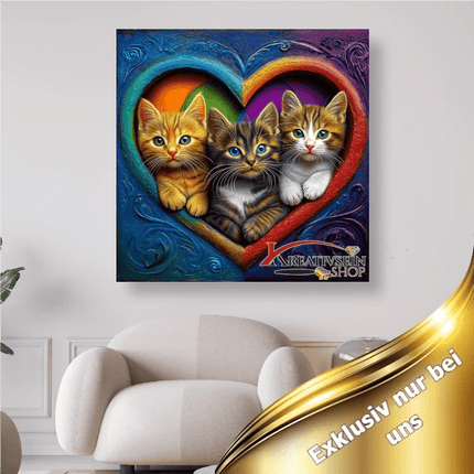 3 Kätzchen im bunten Herzrahmen - 5D DIY Diamond Painting