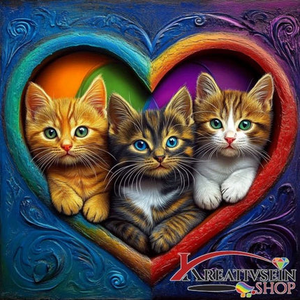 3 Kätzchen im bunten Herzrahmen - 5D DIY Diamond Painting
