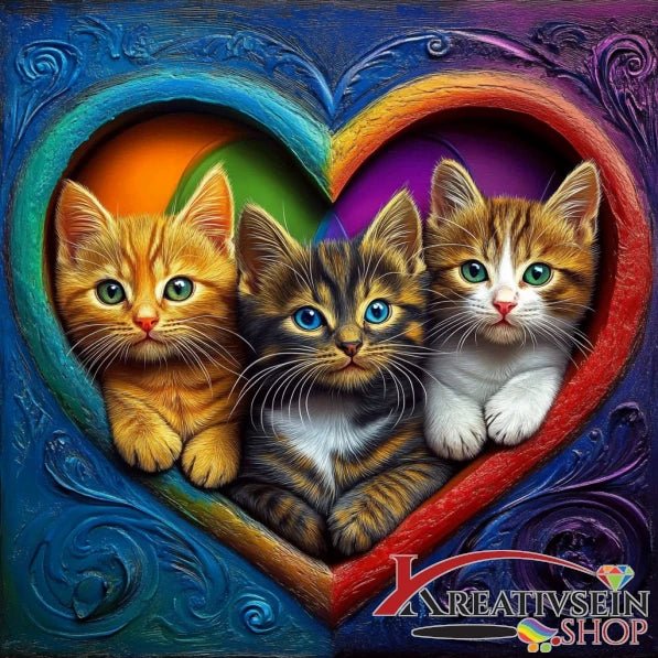 3 Kätzchen im bunten Herzrahmen - 5D DIY Diamond Painting