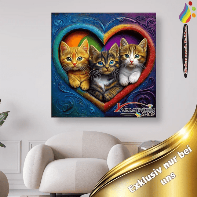 3 Kätzchen im bunten Herzrahmen - Malen nach Zahlen