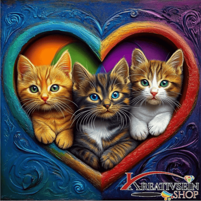 3 Kätzchen im bunten Herzrahmen - Malen nach Zahlen