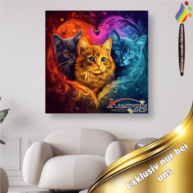 3 Kätzchen mit Herzen - Malen nach Zahlen