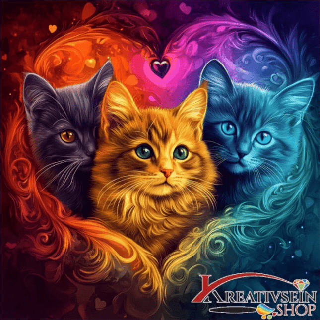 3 Kätzchen mit Herzen - Malen nach Zahlen
