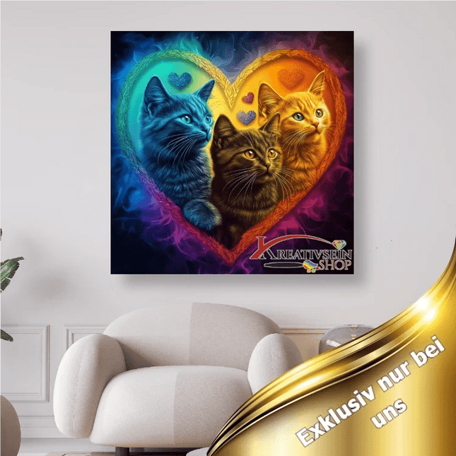 3 Katzen im bunten Herz - 5D DIY Diamond Painting