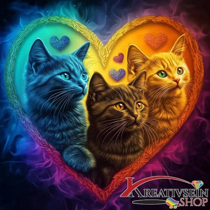 3 Katzen im bunten Herz - 5D DIY Diamond Painting