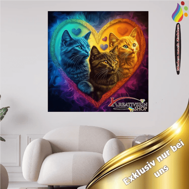 3 Katzen im bunten Herz - Malen nach Zahlen