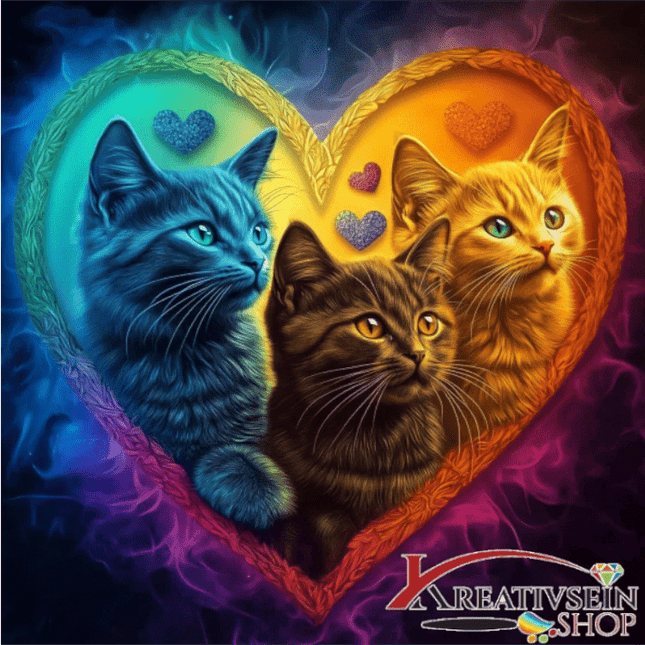 3 Katzen im bunten Herz - Malen nach Zahlen