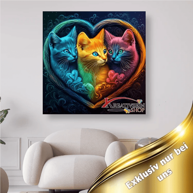 3 Katzen im bunten Herzrahmen - 5D DIY Diamond Painting