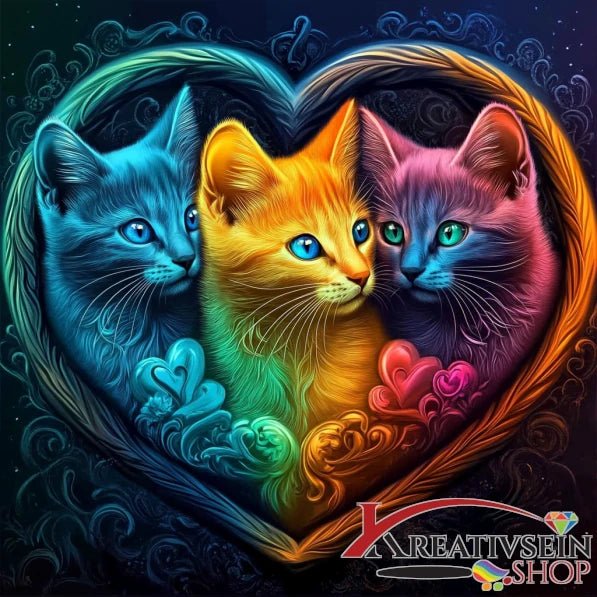 3 Katzen im bunten Herzrahmen - 5D DIY Diamond Painting