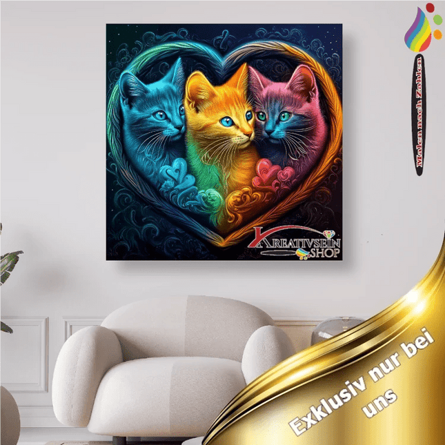 3 Katzen im bunten Herzrahmen - Malen nach Zahlen