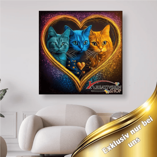 3 Katzen im goldenen Herz - 5D DIY Diamond Painting