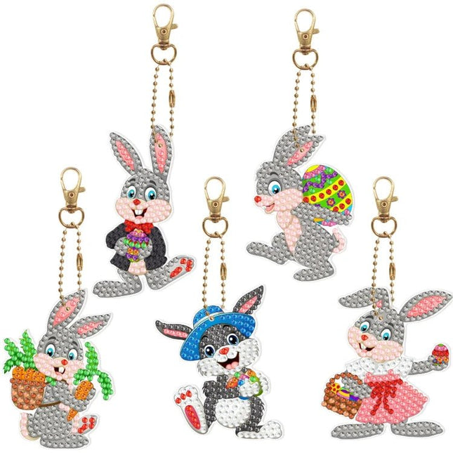 5 x fröhliche Osterhasen Schlüsselanhänger - Diamond Painting