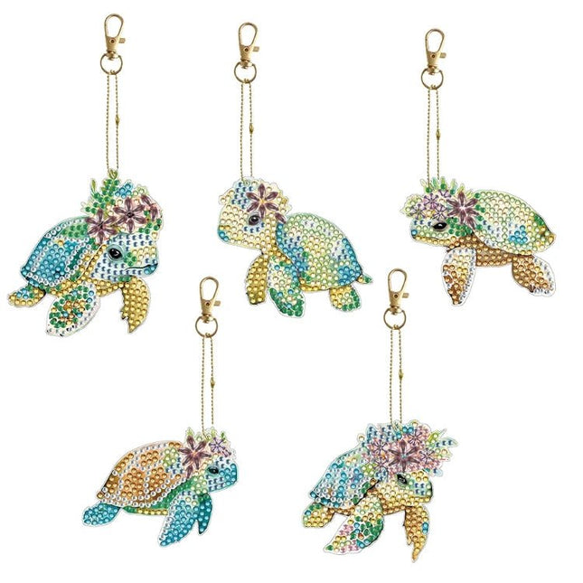 5 x Schildkröten mit Blume Schlüsselanhänger - Diamond Painting