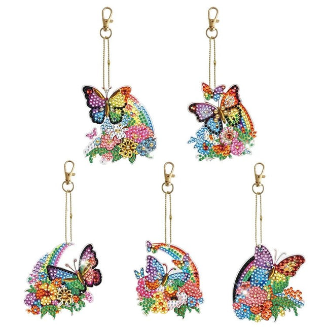 5 x Schmetterling und Blumen Schlüsselanhänger - Diamond Painting