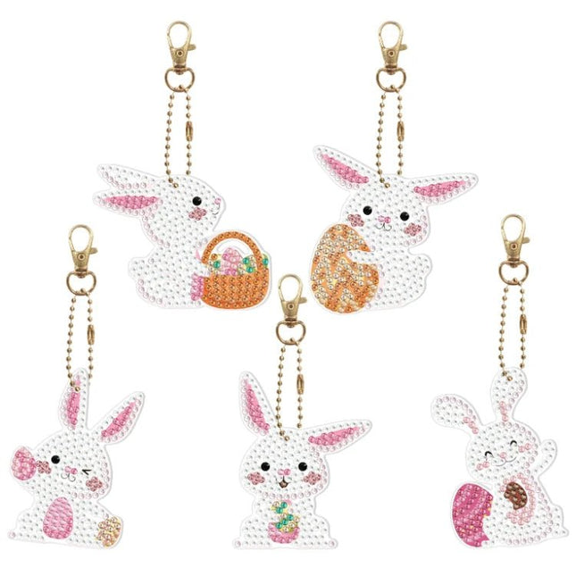 5 x weisser Osterhase Schlüsselanhänger - Diamond Painting