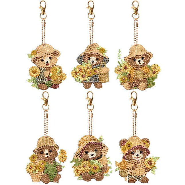 6 x Bärchen mit Blumen Schlüsselanhänger - Diamond Painting