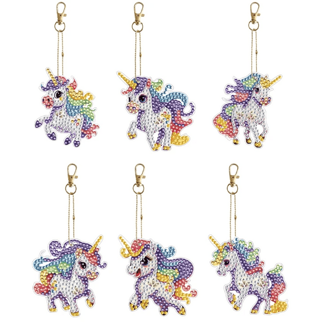 6 x Bunte Einhörner Schlüsselanhänger - Diamond Painting