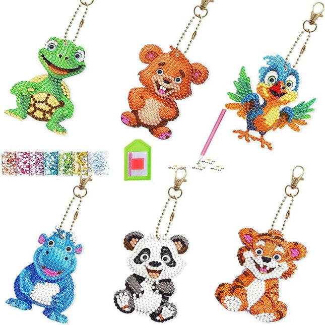 6 x Lustige Tiere Schlüsselanhänger - Diamond Painting