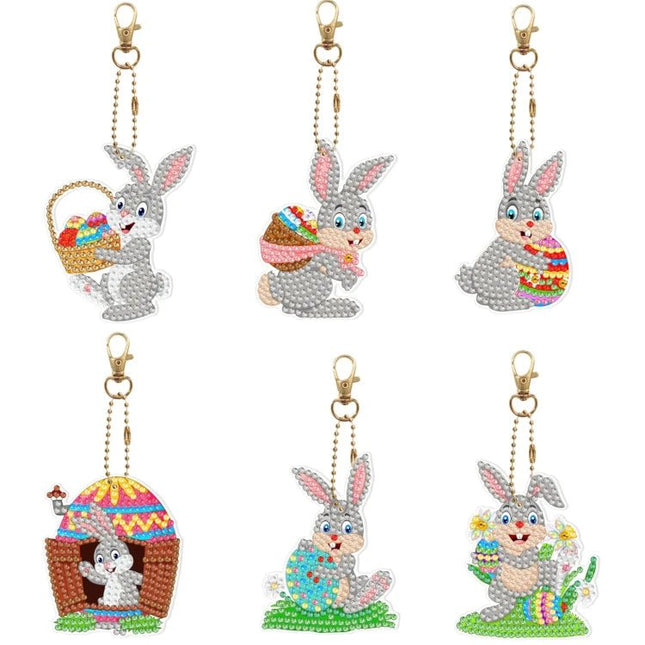 6 x Osterhase mit Osterei Schlüsselanhänger - Diamond Painting