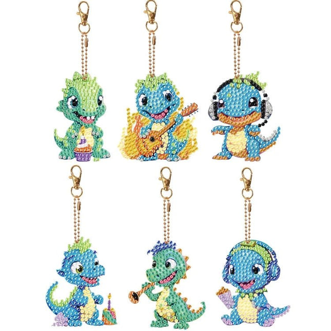 6 x Party Dinos Schlüsselanhänger - Diamond Painting