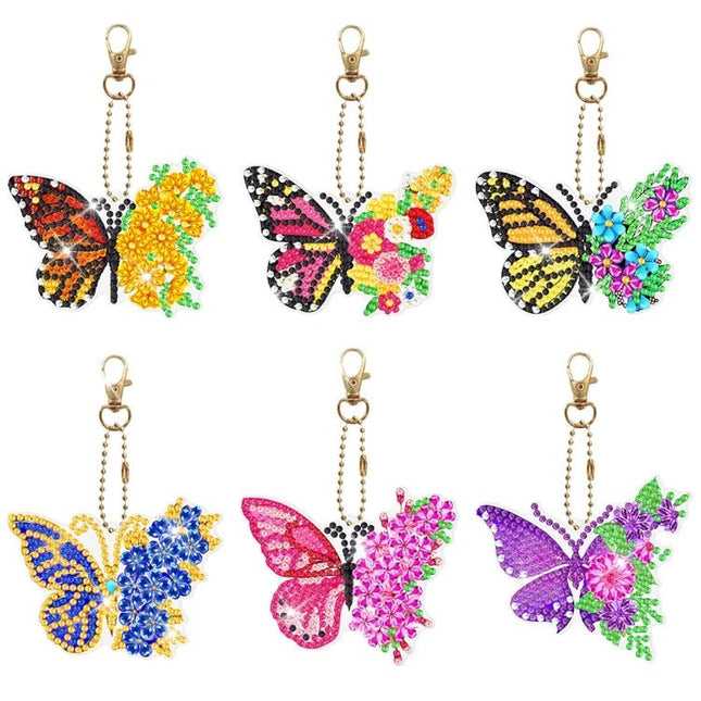 6 x Schmetterling mit Blumenflügel Schlüsselanhänger - Diamond Painting