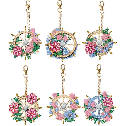 6 x Steuerrad mit Blumen Schlüsselanhänger - Diamond Painting
