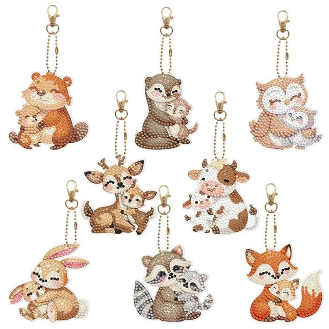 8 x Tiermama mit Kind Schlüsselanhänger - Diamond Painting