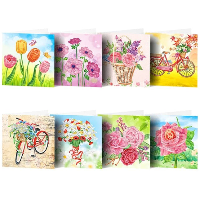 8 x Grusskarten mit Blumen - Diamond Painting