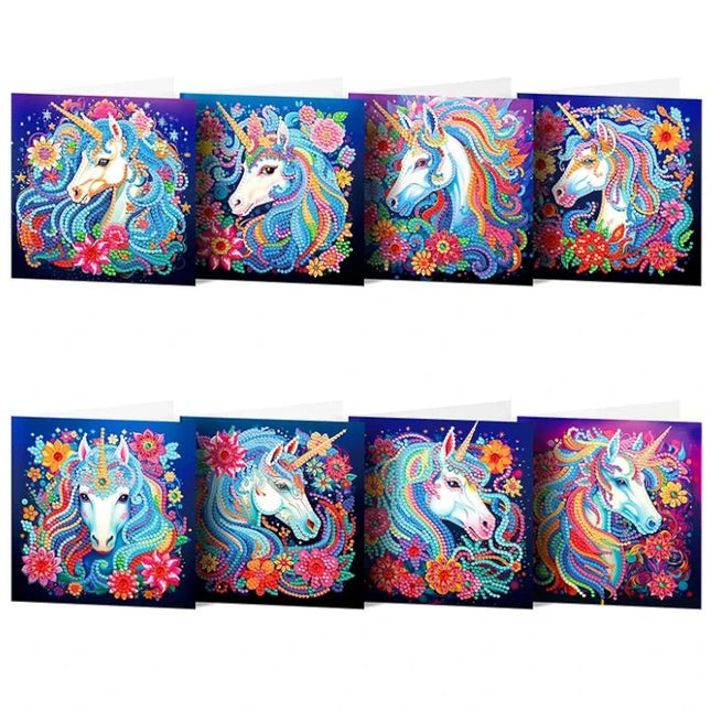 8 x Grusskarten mit Einhorn - Diamond Painting