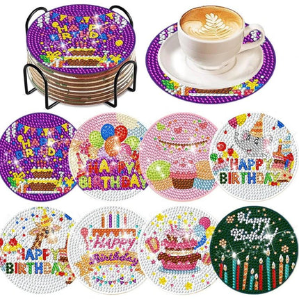 8 x Happy Birthday Untersetzer - Diamond Painting