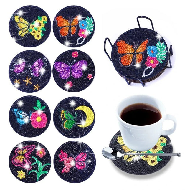8 x Schmetterling und Blumen Untersetzer - Diamond Painting