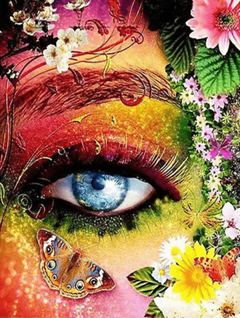 Auge im buntem Gesicht mit Schmetterlingen und Blumen - 5D DIY Diamond Painting