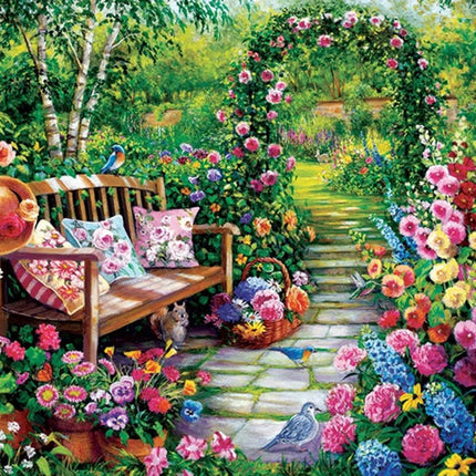 Bank im Blumengarten - Voll AB 5D DIY Diamond Painting
