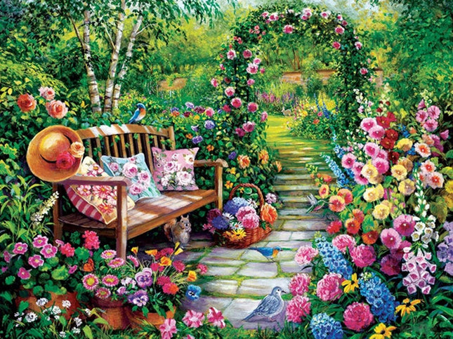 Bank im Blumengarten - Voll AB 5D DIY Diamond Painting