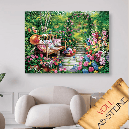 Bank im Blumengarten - Voll AB 5D DIY Diamond Painting