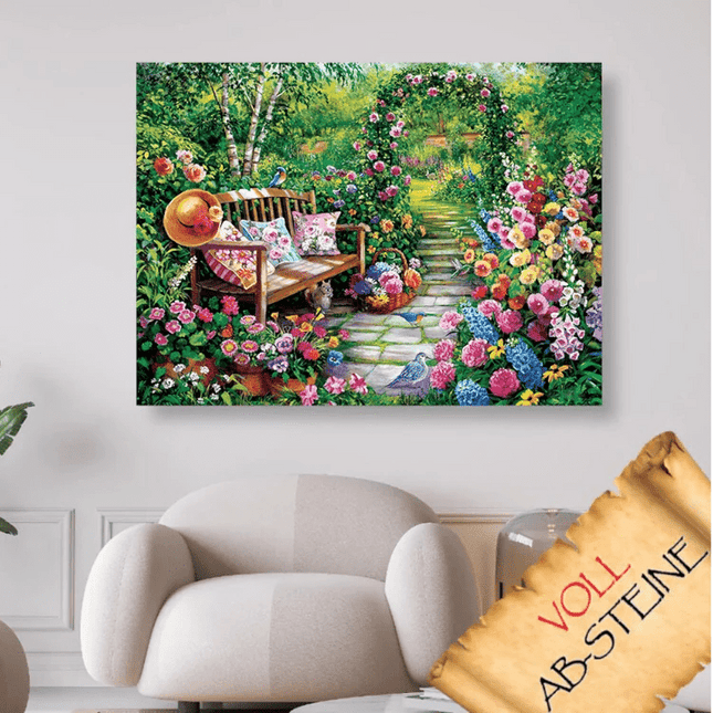 Bank im Blumengarten - Voll AB 5D DIY Diamond Painting
