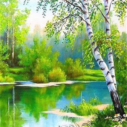 Birke am Wasser ein Sommertag im grünen - 5D DIY Diamond Painting