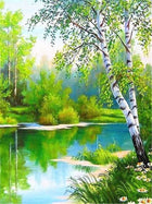Birke am Wasser ein Sommertag im grünen - 5D DIY Diamond Painting