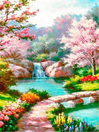 Blütenzauber die Natur erwacht, Fluss mit Wasserfall - 5D DIY Diamond Painting