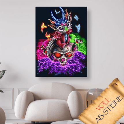 Bunter Drache sitzt auf Schädel - Voll AB 5D DIY Diamond Painting