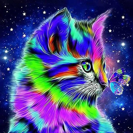 Buntes Kätzchen mit Schmetterling - 5D DIY Diamond Painting