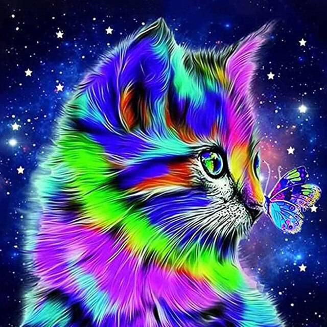 Buntes Kätzchen mit Schmetterling - 5D DIY Diamond Painting