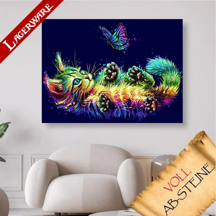 Buntes Kätzchen mit Schmetterling LA - Voll AB 5D DIY Diamond Painting