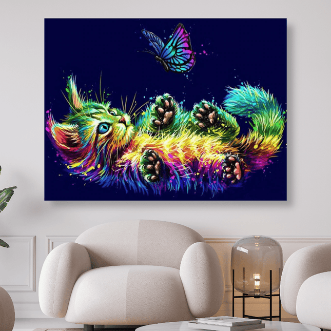 Buntes Kätzchen spielt mit Schmetterling - 5D DIY Diamond Painting